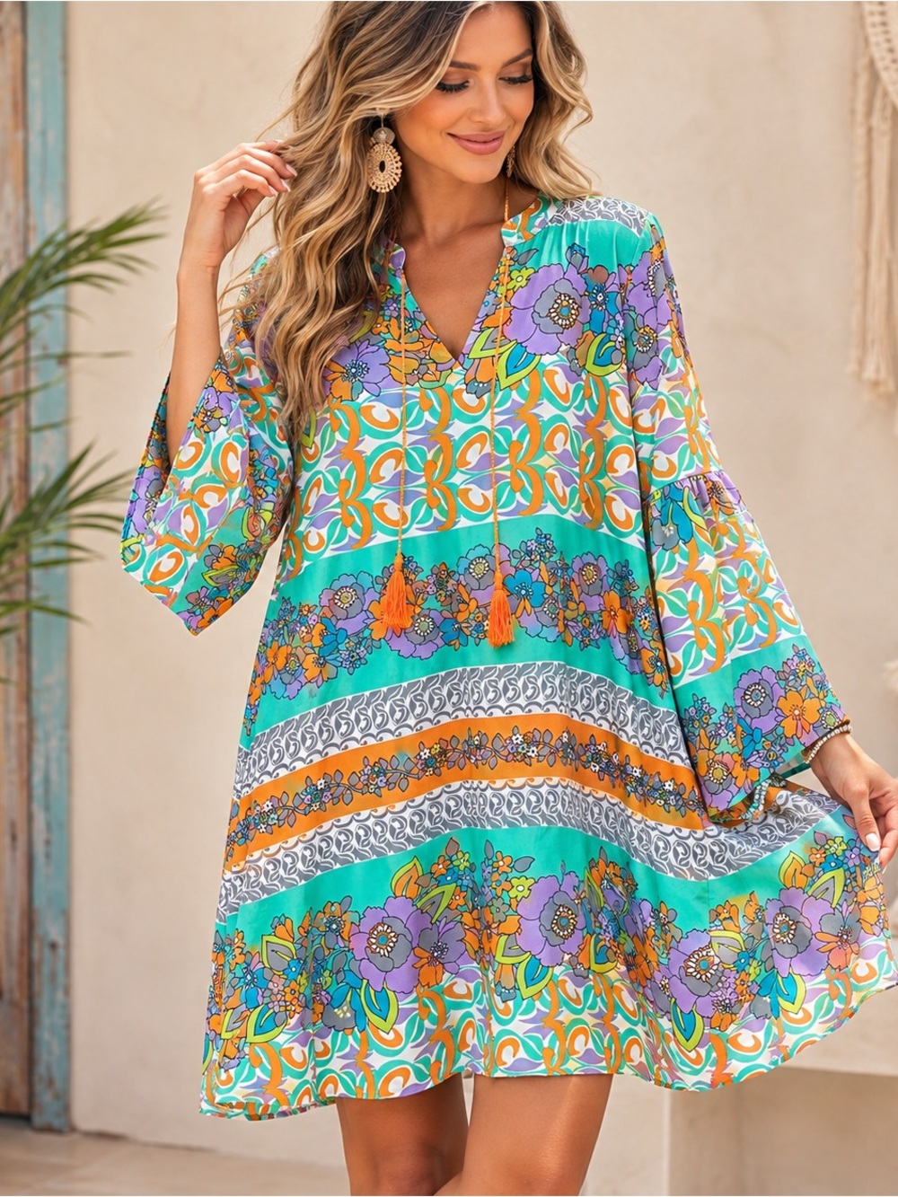 Uncle Frank Boho Retro Floral Bell Sleeve Shift Dress Tassel Green Purple Size M